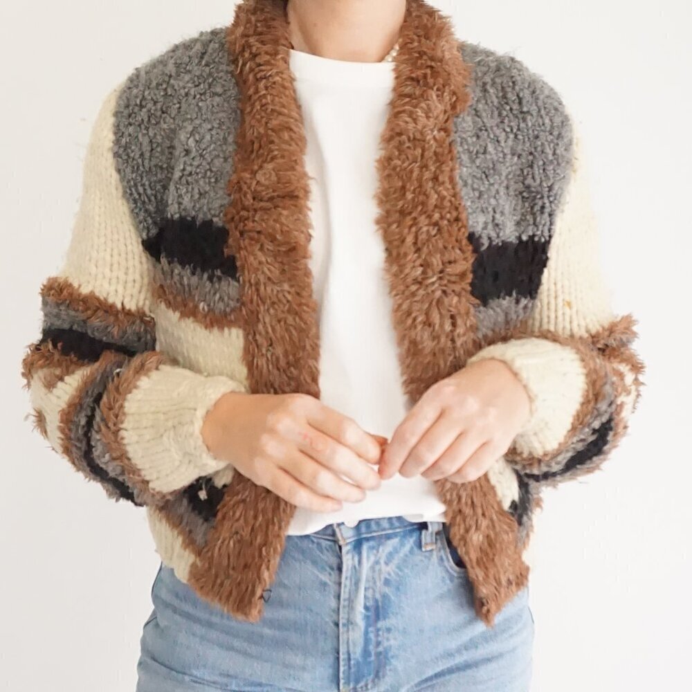 Vintage Handmade Cream Tan Wool Teddy Bear Knit Open Front Cardigan Sweater S